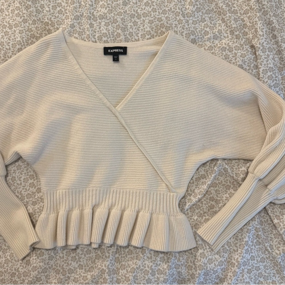Express Ribbed Wrap-Front Peplum Sweater (Cream) Size S